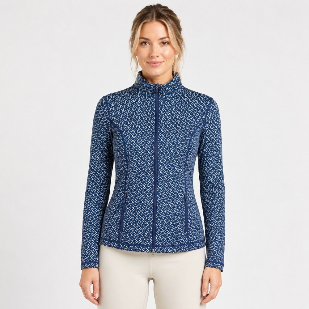 J.McLaughlin Jacket Geometric Lattice Print Womens L Blue Full Zip Pockets